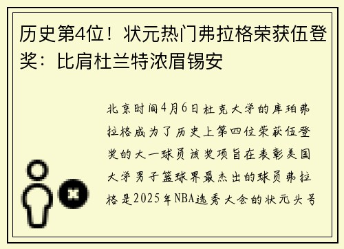 历史第4位！状元热门弗拉格荣获伍登奖：比肩杜兰特浓眉锡安
