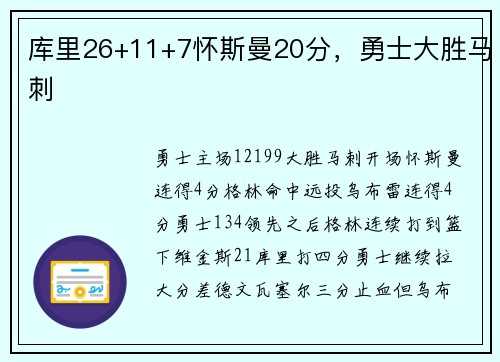 库里26+11+7怀斯曼20分，勇士大胜马刺