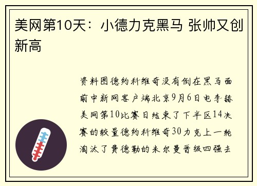 美网第10天：小德力克黑马 张帅又创新高